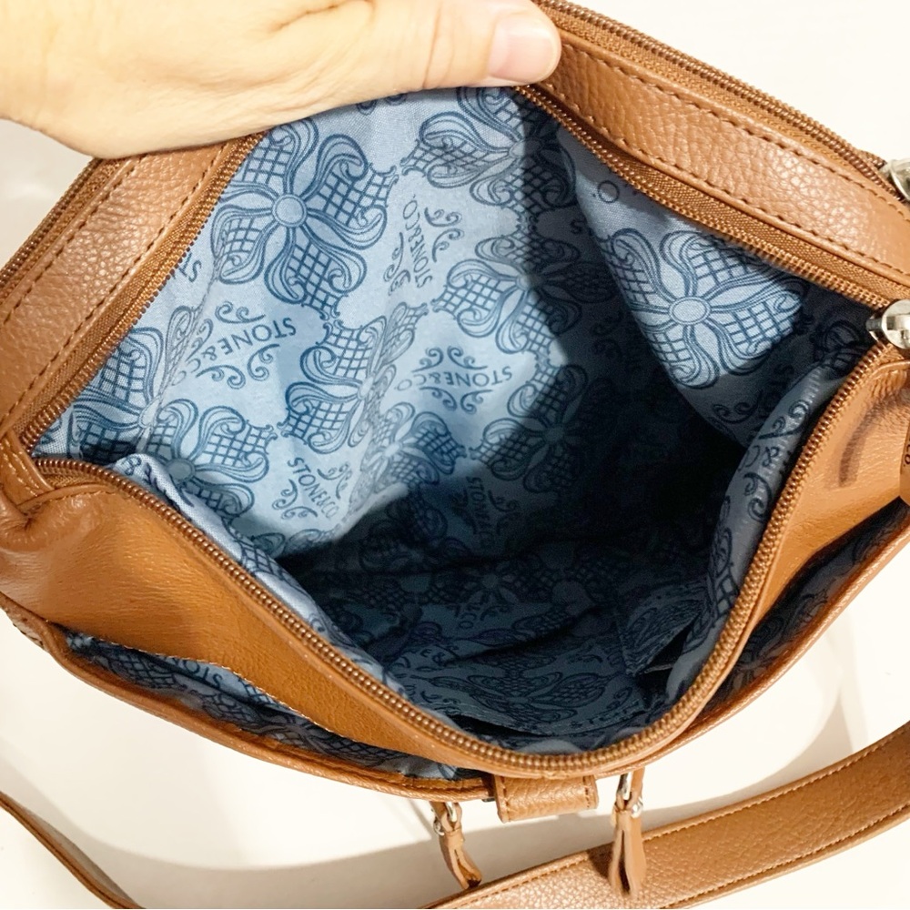Stone and Co. Brown Leather Crossbody Shoulder Bag Fully Lined in Blue Pockets - Picture 10 of 16